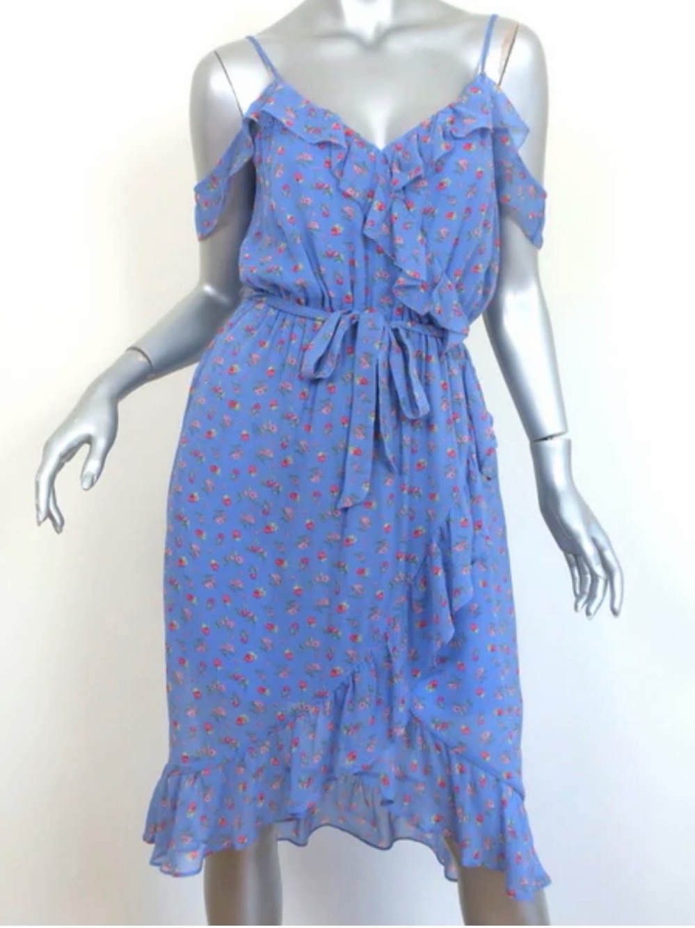 Joie Periwinkle Floral Ruffle Midi Dress with Tie Waist
